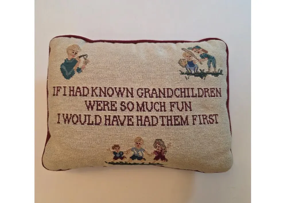 Small Embroidered Tapestry Grandparents Accent Pillow Novelty Grannycore Vintage